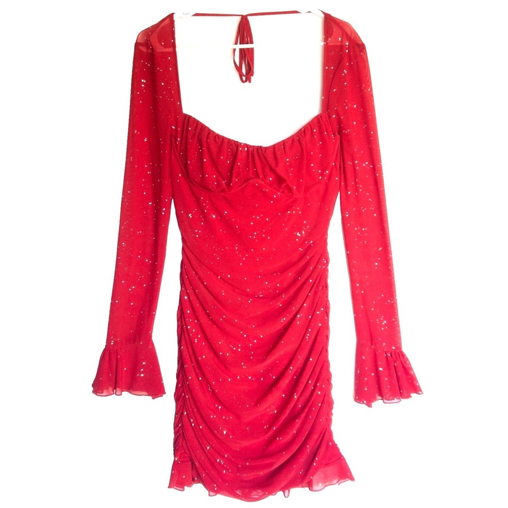 Uryiao Ruched Milkmaid Sheer Sparkle Mesh Party Rave Going Out Dress Women L NWT